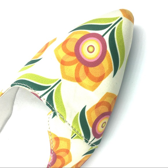 Retro Floral Satin Block Heel Flats Pointed Toe - Picture 4 of 8